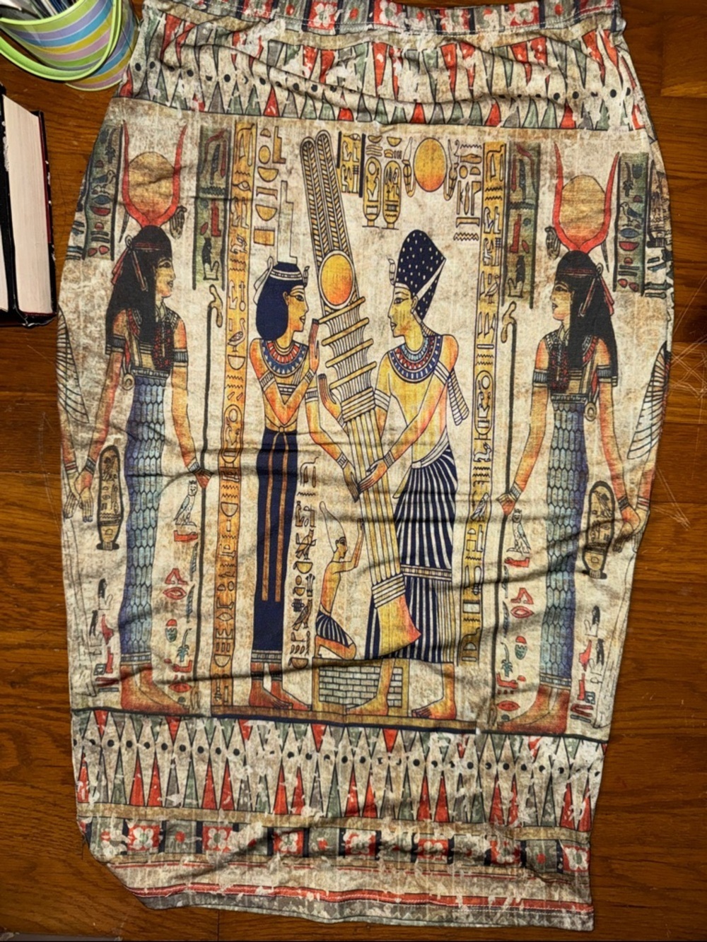 Egyptian Motif Pencil Skirt in Tan, Blue & Red costume Halloween theme Africa